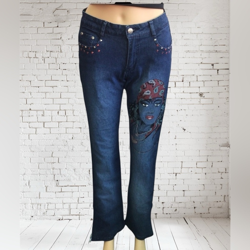 Y2K Deadstock Switch Blue Embroidered flare Jeans Low rise Stretch Denim Jeans